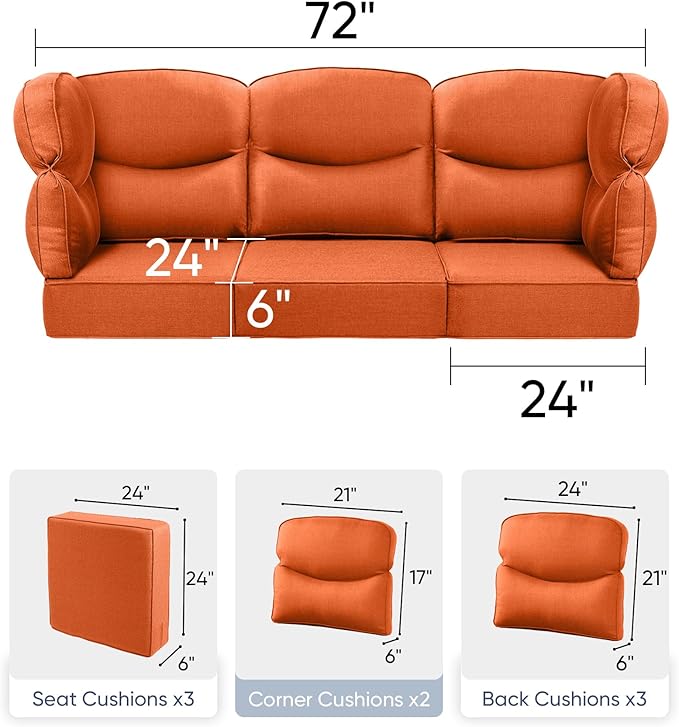 Luxury 24x24x6 Outdoor Couch Cushions Set of 3 - Water-Repellent 8-Piece Cushion Set for Outside Rattan Wicker 3-Seat Sofa Loveseat Chair Sectional Patio Conversation Sets - Orange/Smile