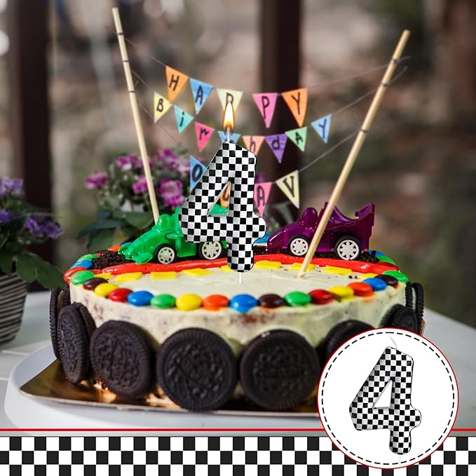 Racing Cars Themed Birthday Candle Number 4 Checkered Candle Birthday Party Decoration Cake Topper for Racing Car Party Decoration Theme Party Supplies (Number 4)