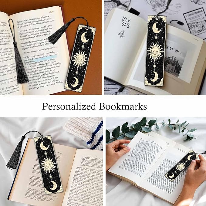 Mystical Sun Face Bookmarks Set 5 with Tassels Crescent Moon Golden Stars Planets Wooden Bookmarks for Reading Women Men Students Teachers School Supplies