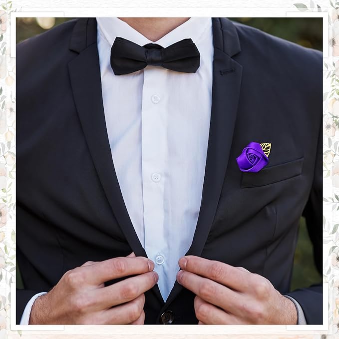 Zeyune 24 Pcs Boutonniere Rose Boutonniere Wedding Buttonholes Pocket for Men Wedding for Prom Party (Purple)