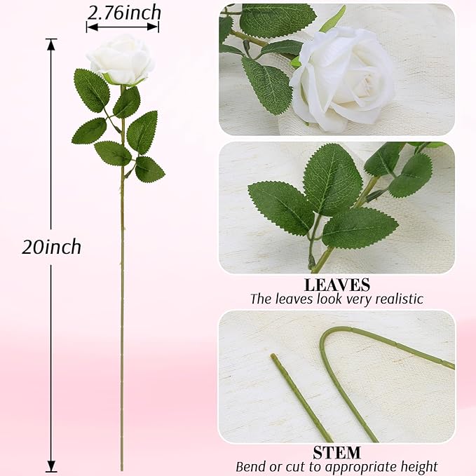 Roses Artificial Flowers, Fake Velvet Silk Roses in Bulk for Home Decor Indoor, Fake Roses Realistic Flowers with Stems for Wedding Centerpiece Party Decor (24, White)