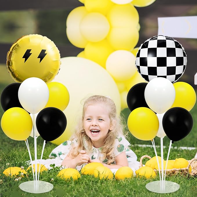 Smile Party Balloons Stand Kit 2 Sets with 2 Black White Checkered Foil Balloons Happy Face Themed Party Balloon Centerpiece for Tables for Baby Birthday Party Yellow Smile Face Themed Decorations