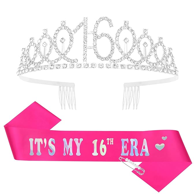 Casoty 16th Birthday Sash and Tiara, 16th Birthday Decorations for Girls, It's my 16th Birthday Sash and Crown Set, Party Favors Sweet 16 Decorations Gifts for Her