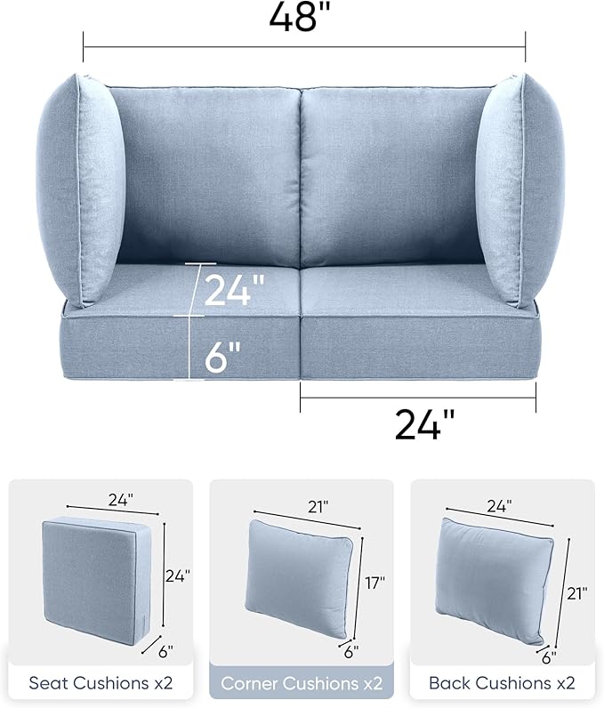 Luxury 24x24x6 Patio Cushions for Outdoor Furniture Set of 2 - Water-Repellent 6-Piece Cushion Set for Outside Wicker Couch Loveseat Chair Sectional Conversation Sets - Baby Blue/Classic