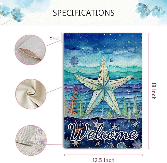 Jauageon Welcome Summer Starfish Garden Flag Ocean Sea Garden Flag Vertical Double Sided Rustic Farmland Burlap Yard Lawn Outdoor Decor 12.5x18"