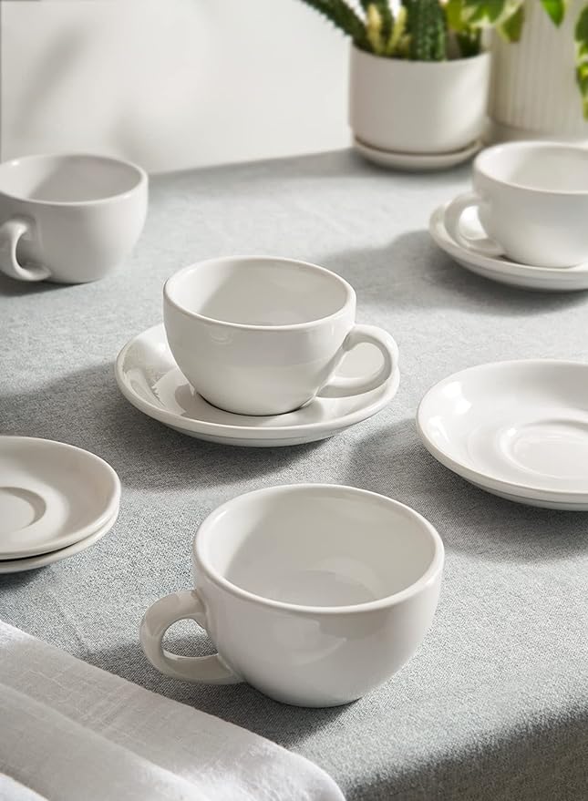 LE TAUCI Cappuccino Cups with Saucers 8 oz, Set of 4 Large Ceramic Coffee Cup Set for Latte, Au Lait, Flat White, Mocha, Tea Cup Set, Dishwasher Safe, Embossed Coffee Cups, White