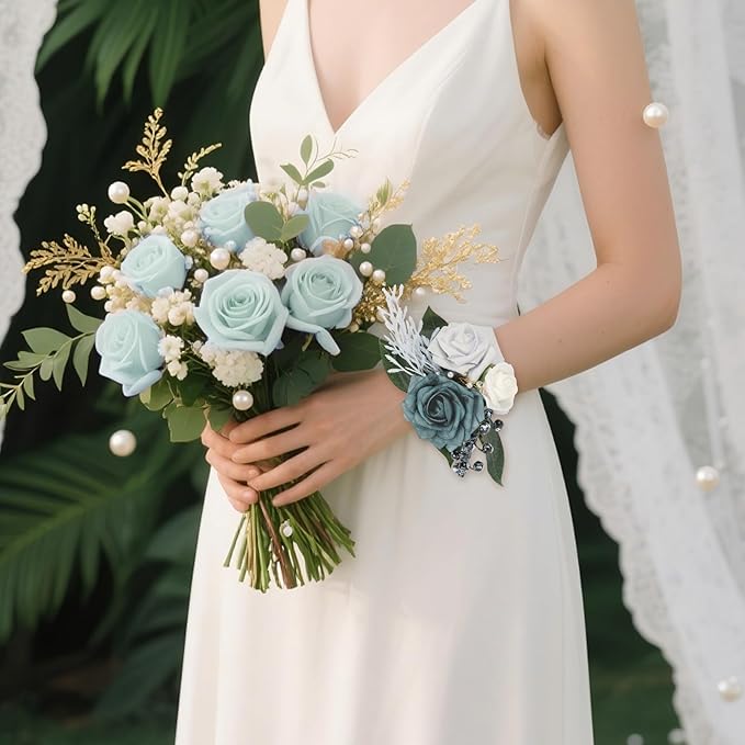 2Pcs Wedding Corsage and Boutonniere Set Blue Rose Corsage Wristlet and Boutonniere for Men Women Groom Bride Bridesmaid Groomsmen Wedding Party Accessory Prom Decoration (Blue)
