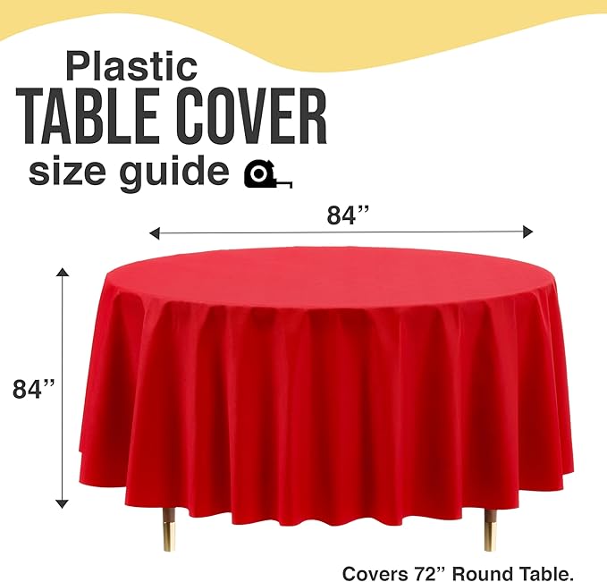 Exquisite 66% Thicker Premium Red Round Tablecloth 0.5 Mil 6 Pack Plastic Table Cloth Disposable 84 Inch Round Plastic Tablecloth Won't Tear Easily Like Cheap Thin Brands