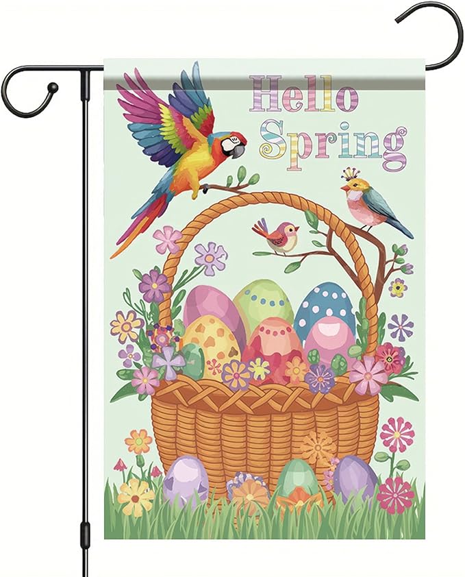 Starlit Patio Hello Spring Garden Flag Corn Poppy 12x18 Inch Double Sided Happy Easter Garden Flag Colorful Easter Eggs Birds Summer Outside Floral Yard Decoration Outdoor Flag Decor