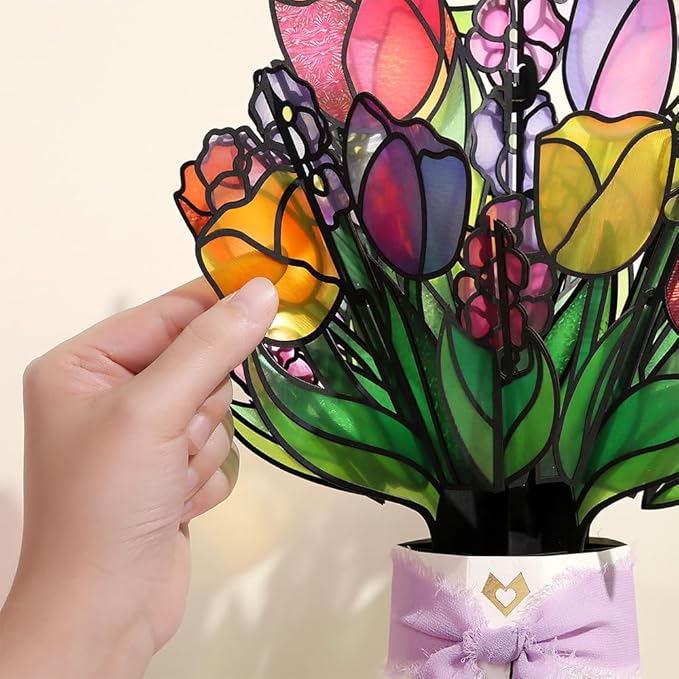 Lovepop Everyday Pop-Up Suncatcher Bouquet for Her and Him - 3D Greeting Cards for Boys, Girls, Men, Women - Vibrant Tulips - 12" Bouquet - Blank Notecard & Envelope Included