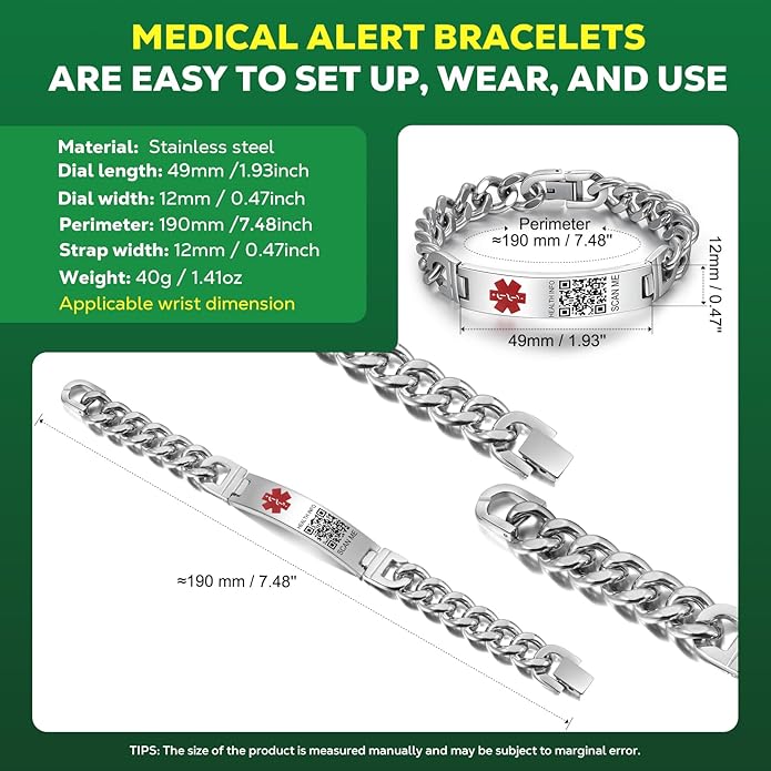 Upgraded Medical Bracelets Men Women with QR Code Medical Alert ID Bracelets - Titanium Steel Wristband Fits Wrists Up 8''-10'' - More Space Custom Emergency Med ID Info
