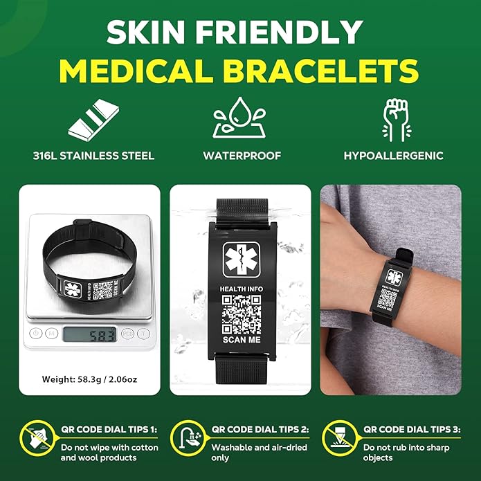 Upgraded Medical Bracelets Men Women with QR Code Medical Alert ID Bracelets - Titanium Steel Wristband Fits Wrists Up 8''-10'' - More Space Custom Emergency Med ID Info