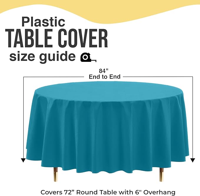 Exquisite 66% Thicker Premium Turquoise Round Tablecloth 0.5 Mil 24 Pack Plastic Table Cloth Disposable 84 Inch Round Plastic Tablecloth Won't Tear Easily Like Cheap Thin Brands