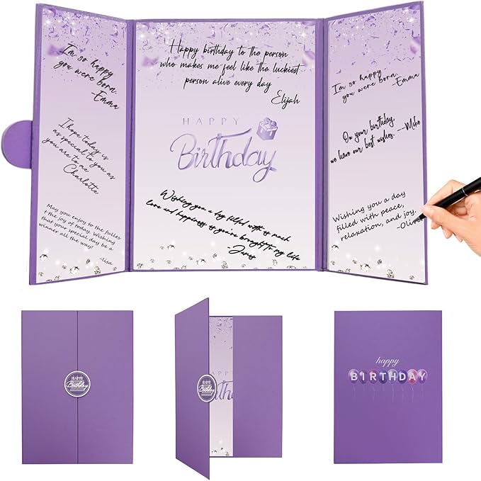 Crenics Purple Happy Birthday Decorations, Creative Birthday Guest Sign in Book Alternative, Birthday Signature Book 12" x 18", Great Birthday Gifts for Women or Girls