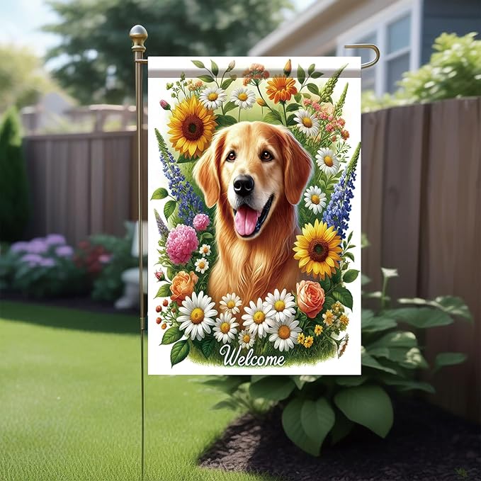 Starlit Patio Welcome Summer Spring Garden Flag 12 x 18 Double Sided Golden Retriever Dog Garden Flag Cute Puppy Small Daisy Flower Yard House Flags Outside Outdoor Summer Porch Lawn Decoration