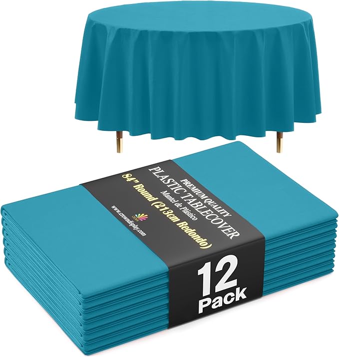 Exquisite 66% Thicker Premium Turquoise Round Tablecloth 0.5 Mil 12 Pack Plastic Table Cloth Disposable 84 Inch Round Plastic Tablecloth Won't Tear Easily Like Cheap Thin Brands