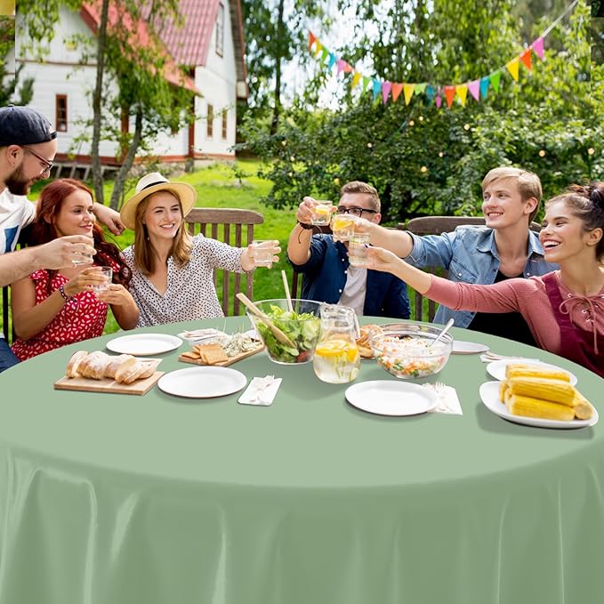 1Pcs Sage Green Plastic Tablecloths Round Light Green Tablecloth Waterproof Disposable Round Sage Table Cover for Birthday Bridal Wedding Baby Shower Party Decorations,84Inch