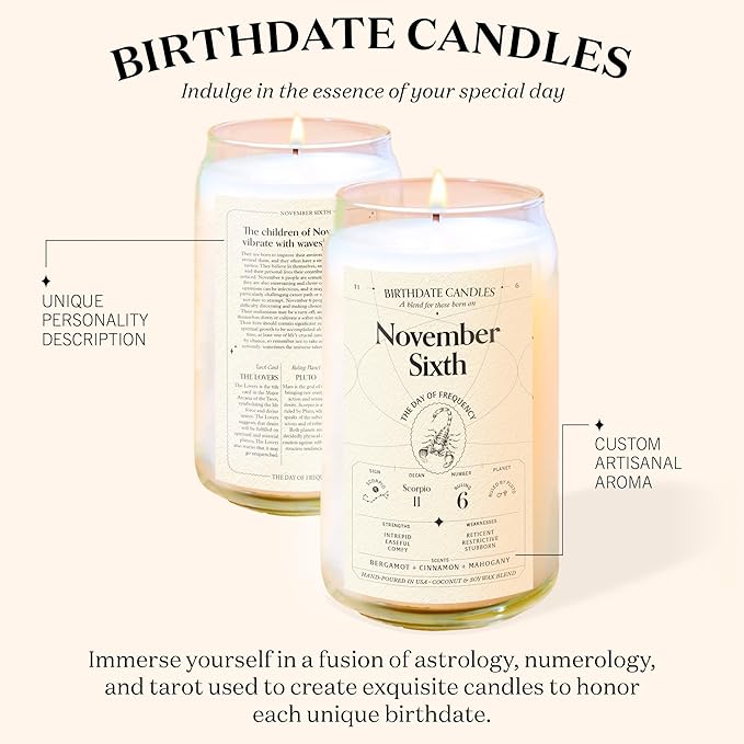 Birthdate Candles, November 6 - Scorpio Zodiac Scented Candles Birthday Gift - Bergamot, Cinnamon & Mahogany Scent - All-Natural Soy & Coconut Wax, 60-80 Hour Burn Time - Made in USA