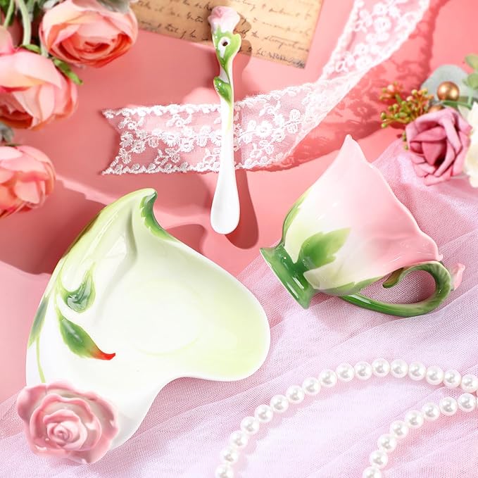 Dandat Ceramic Rose Tea Cups and Saucers with Spoon Rose Flower Shaped Cup and Sauce Set Cute Tea Cups Flower Mug Valentine Birthday Christmas Gifts for Home Office Kitchen, 6 oz(Pink)