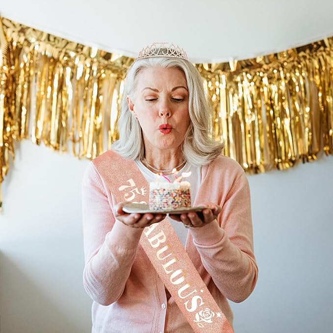 Casoty Rose Gold 75th Birthday Sash and Tiara, 75th Birthday Party Decorations for Women 75 & Fabulous Sash and Crown Set, Party Supplies Favors for Women Gifts for Her