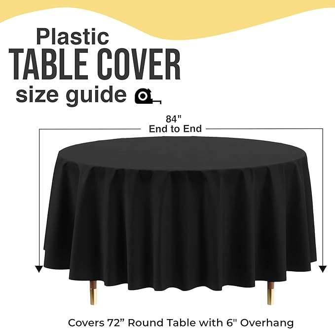 Exquisite 66% Thicker Premium Black Round Tablecloth 0.5 Mil 24 Pack Plastic Table Cloth Disposable 84 Inch Round Plastic Tablecloth Won't Tear Easily Like Cheap Thin Brands