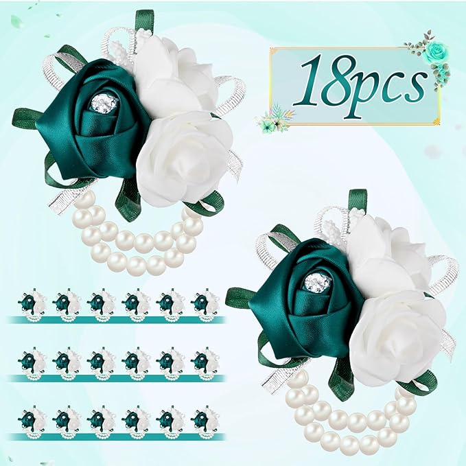 Zeyune 18 Pcs Wrist Corsages for Prom Wedding Artificial Rose Wristlet Corsage Hand Flower for Mother of Bride and Groom, Bridal, Bridesmaid Wedding Supplies (Dark Green)