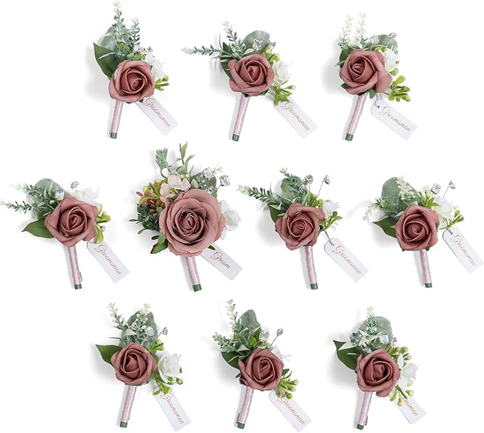 TINGE TIME Boutonniere for Men Wedding,Groom and Best Man Boutonniere for Wedding Ceremony Anniversary, Formal Dinner Party and Rustic Spring Marriage (10, DustyRose&Champagne)
