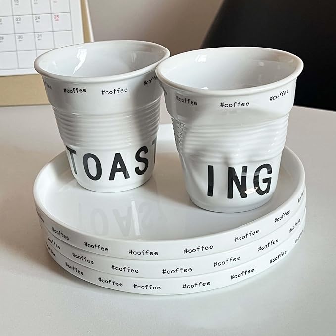 Unique Ceramic Mug with Crumpled Paper Cup Design，Printed Letters Artistic Irregular Shape, Perfect for Coffee, Tea, and Hot Beverages，Ideal for Home, Office (White & Letters, Small)