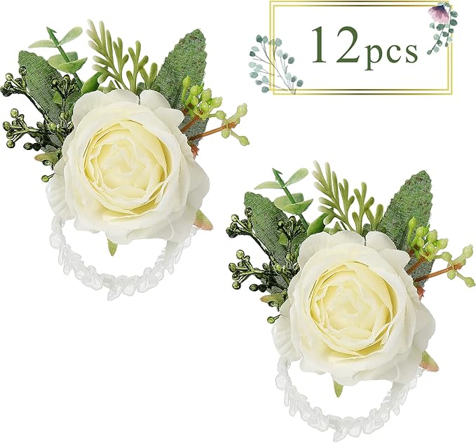 Jexine 12 Pcs Rose Wrist Corsage Bracelets Wedding Bridal Wrist Artificial Flower Wristband Flower Hand Decor for Bride Bridesmaid Homecoming Prom Party Decor(White Elegant)