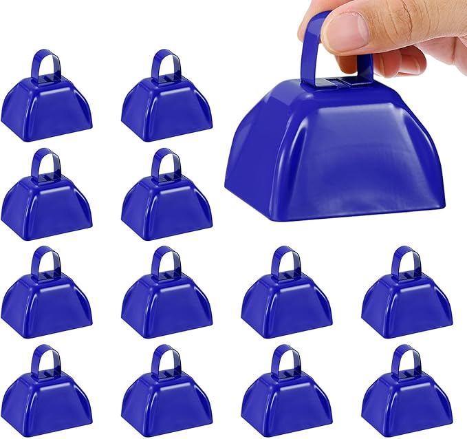 PATIKIL 3inch Cow Bells for Football Games, 12pcs Cowbells for Sporting Events Bulk Loud Noise Makers Metal Cow Bell with Handle for Cheering Competition Marathon Wedding DIY Paint, Blue