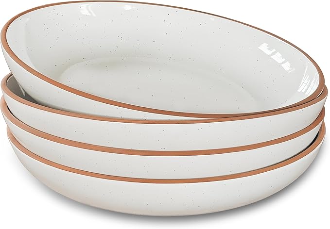 Mora Ceramic Large Pasta Bowls 30oz, Set of 4 - Serving, Salad, Dinner, etc Plate/Wide Bowl - Microwave, Oven, Dishwasher Safe Kitchen Dinnerware - Modern Porcelain Stoneware Dishes, Vanilla White