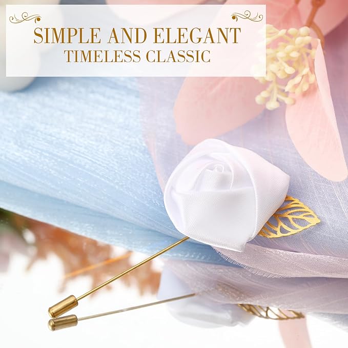 Zeyune 24 Pcs Boutonniere Rose Boutonniere Wedding Buttonholes Pocket for Men Wedding for Prom Party(White)