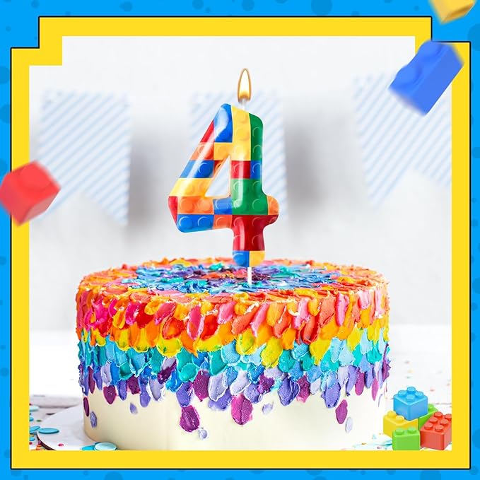 Building Block Themed Birthday Candle Number 4 Candle Birthday Party Decoration Cake Topper for Building Block Party Decoration Theme Parties Supplies (Number 4)