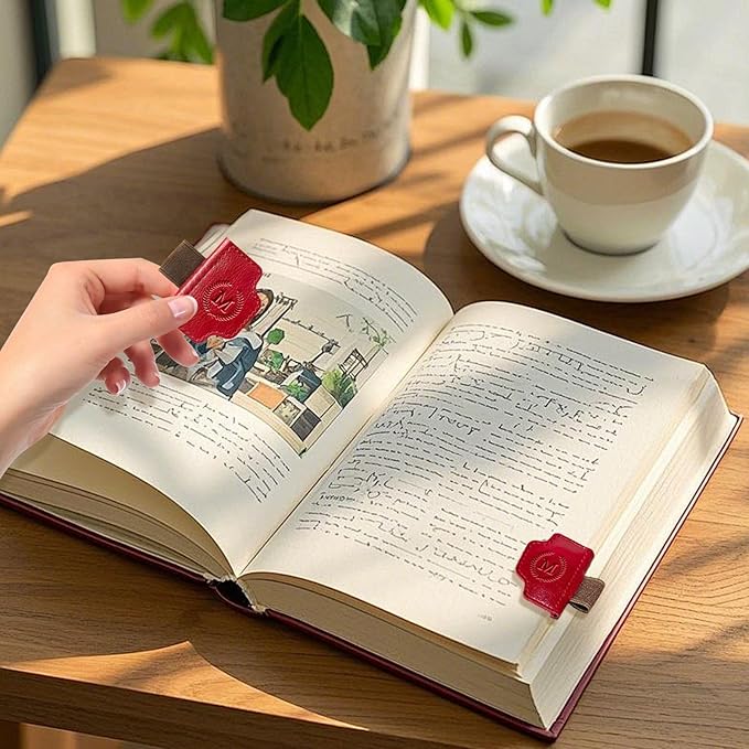 BygoneMark Magnetic Leather Bookmark with Pen Holder, Personalized Custom Initial Page Marker & Pen Clip, Professional Book Accessory for Students (Dark Brown-I)