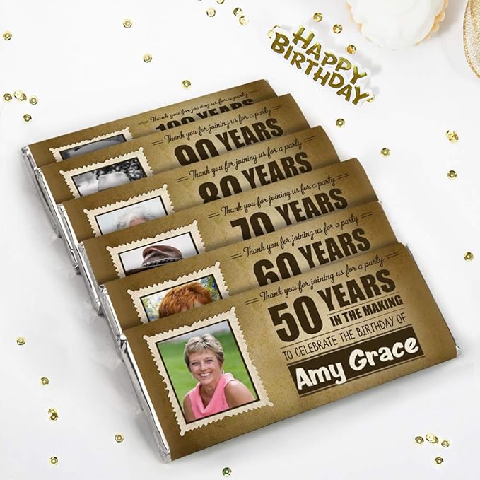 Milestone Party Favors For Adults Birthday Candy Bars, Prewrapped, Personalized labels with Photo (36 Pack) - All Ages