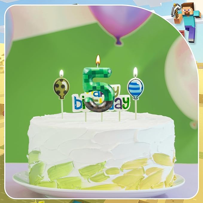 TNT Themed Birthday Cake Candle Number 5 Dynamite Themed Green Candle Cake Topper for Pixel Theme Birthday Party Decoration