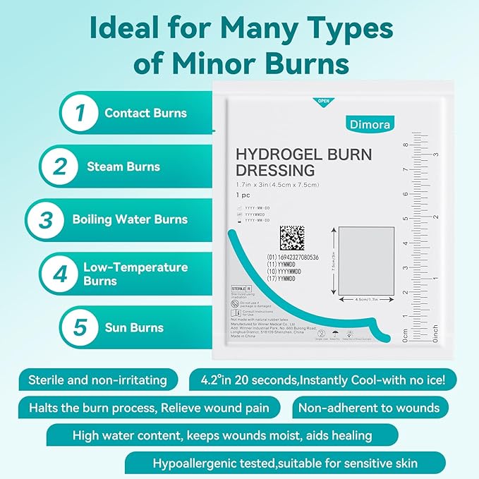 Dimora Hydrogel Wound Dressing 1.7" x3" - Burn Pads Sterile Soothing Bandage, Cooling Protective Treatment for Minor Burns & Blisters, Cuts, Abrasions,Cracked Nipples, 10 Count