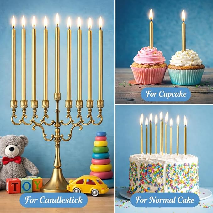 Long Thin Gold Birthday Candles for Cakes, Pack of 12 Pieces Long Gold Party Candles with Candle Holders, Tall Candles for Wedding, Birthday, Party Decorations, Anniversary and Meetups
