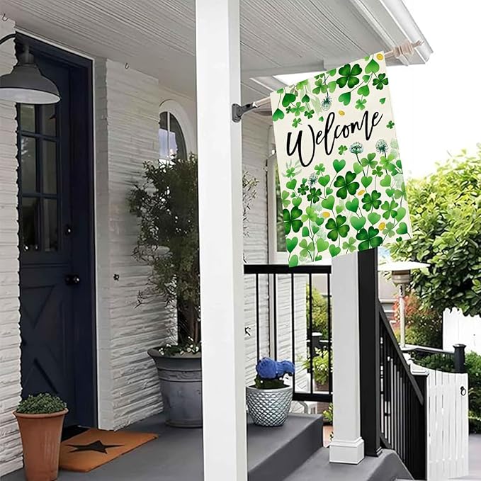 Baccessor St.Patrick's Day Welcome House Flag 28x40 Inch Double Sided,Green Lucky Shamrock Clover Large Garden Flag Holiday Porch Patio Farmhouse Outdoor Outside Decoration