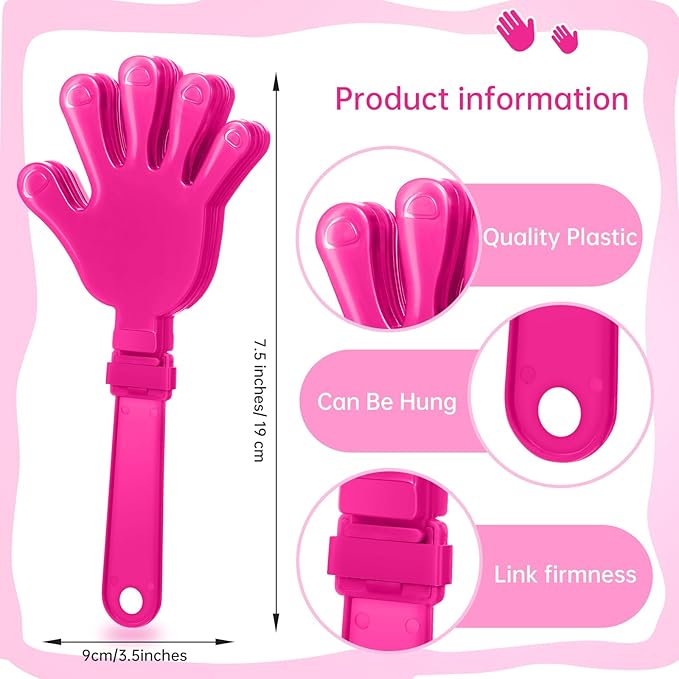 100 Pcs Hot Pink Hand Clappers 7.5 Inch Clappers Noisemakers Noise Makers Party Favors Plastic Party Clapper for Sporting Events Cheers Ball Dance Basketball Football Noisemakers（Hot Pink）