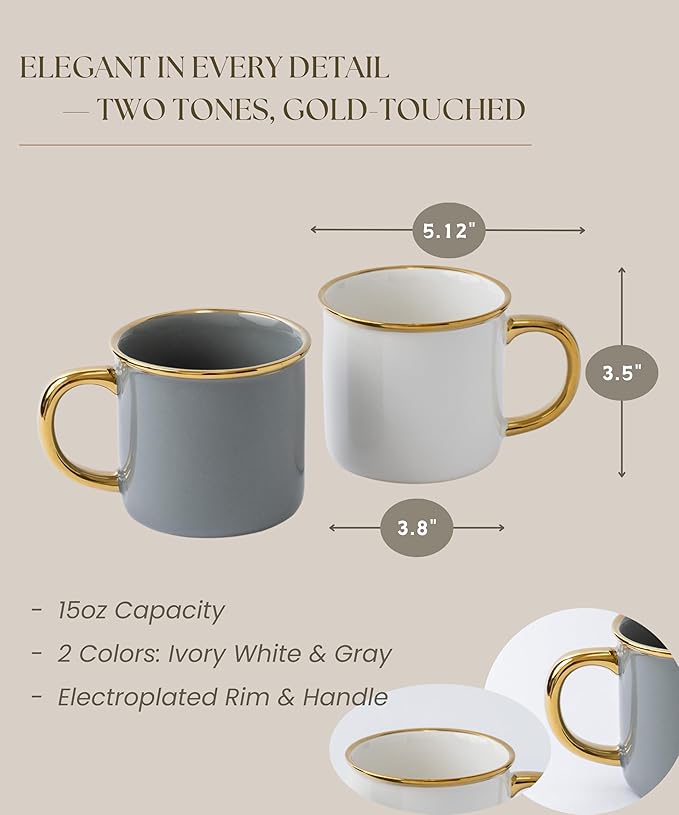 Stoneware Electroplated Mug Set of 4-15oz Ceramic Coffee & Tea Cups with Gold Handle - Perfect for Hot & Iced Drinks - Dishwasher Safe - Modern Chic Design - Ivory White & Gray - Ideal Gift