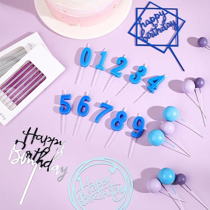 Yerliker 34 Pcs Happy Birthday Cake Toppers Decorations Birthday Candles DIY Cake Decor for Men Women Wedding Anniversary(Blue Purple)