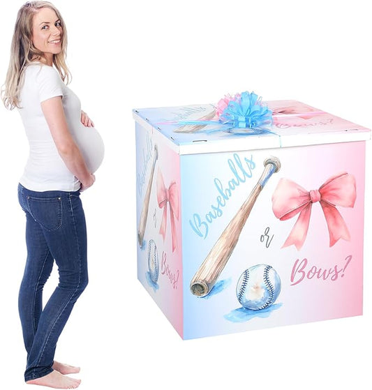 AmazingSpark 28in Jumbo Gender Reveal Gift Box Kit with Oversized Box Giant Pull Bows for Gender Reveal Baby Shower Birthday Party Decor (Baseballs or Bows)