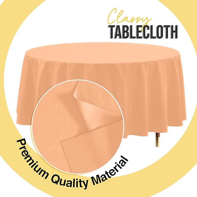 Exquisite 66% Thicker Premium Peach Round Tablecloth 0.5 Mil 12 Pack Plastic Table Cloth Disposable 84 Inch Round Plastic Tablecloth Won't Tear Easily Like Cheap Thin Brands