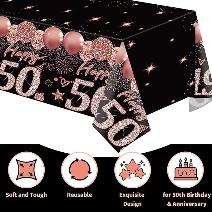 2pcs 50th Birthday Tablecloth, Black Rose Gold 50th Birthday Decorations for Woman Vintage 1976 Table Cloth Plastic Rectangular Table Cover Happy 50 Anniversary Party Supplies