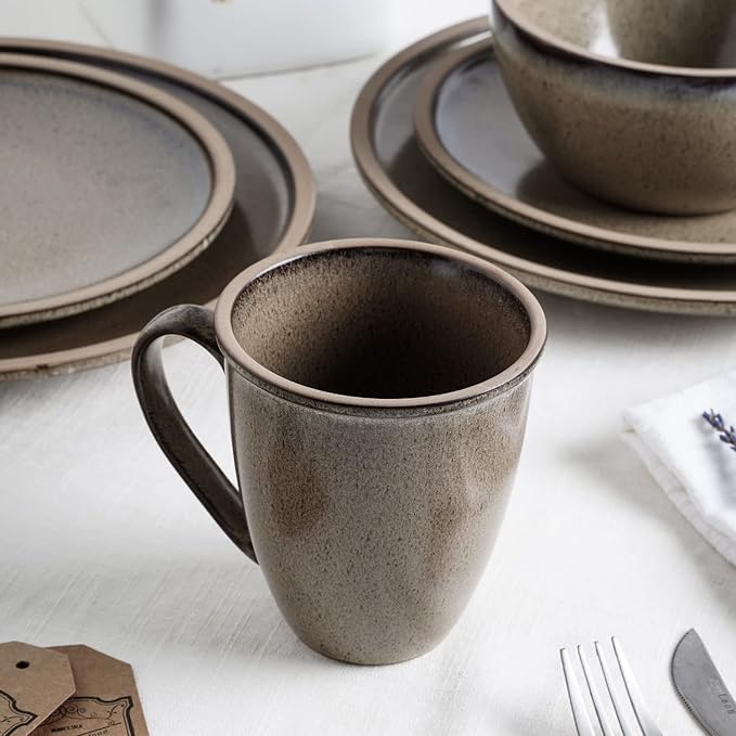 Stone Lain Stoneware Dish Set, 4 Mugs, Tina - Green and Beige