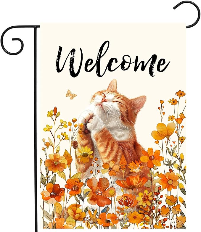 DZGlobal Floral Cat Garden Flag Fall Yard Flag Wildflower Orange Cat Garden Flags for Outside Autumn Lawn Flags Welcome Thanksgiving Outdoor Flags 12x18 Double Sided Small