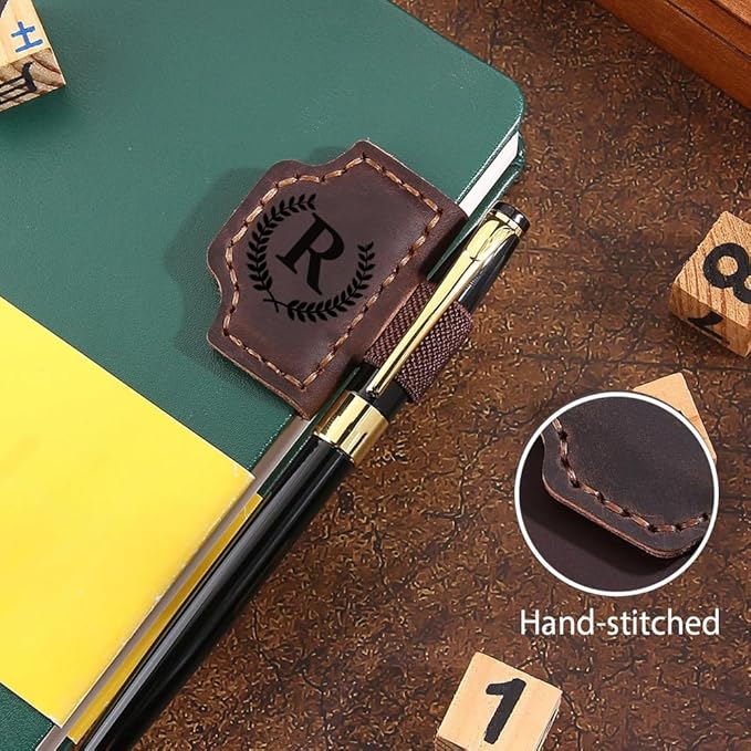 Custom Bookmark with Pen Holder with 26 Letters Personalized Magnetic Leather Book Mark, Customized Name Book Marker Clip with Initial for Men Women, Gifts for Book Lovers, Readers, (Green, Z)