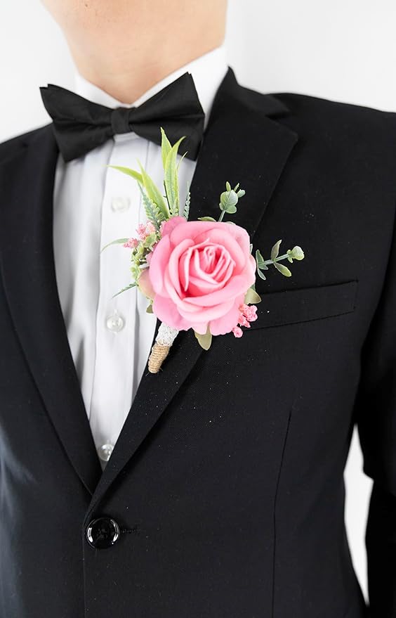 Ansofi Pink Corsage and Boutonniere Set Artificial Rose Flower Wrist Corsage and Boutineers for Groom Groomsmen Bride Bridesmaids Prom Rustic Vintage Wedding Decor