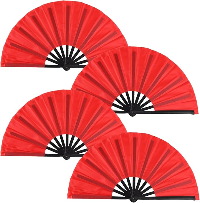 4 Pack Large Folding Hand Fan, Plastic Hand Held Folding Fans Chinese Kung Fu Hand Fan Decorative Folding Fans for Dance, Performance, Festival or Home Decorations(Red)